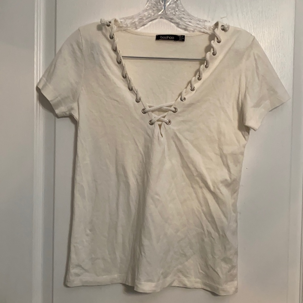 Boohoo White T-Shirt with Lace-Up Detail